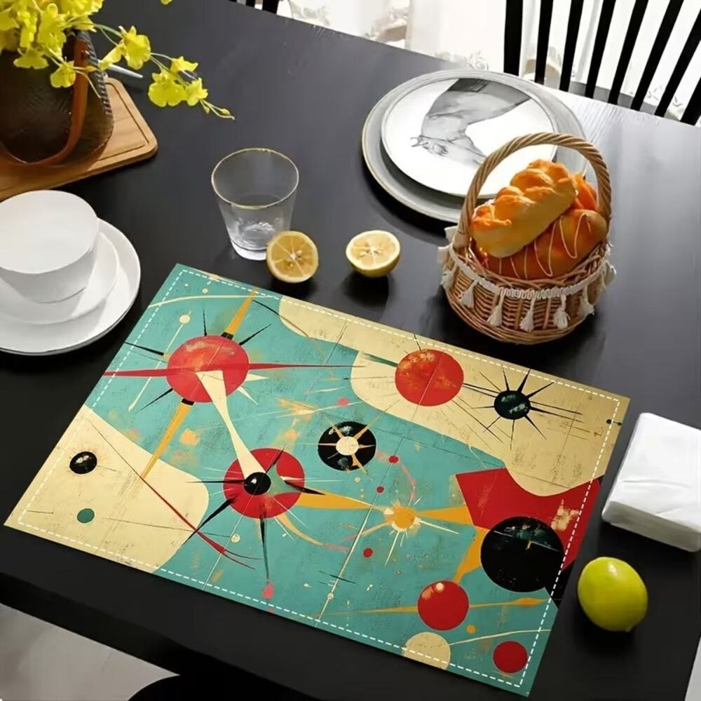4 PC Vintage Mid-Century Atomic Pattern Square Placemats Dining Kitchen MCM Deco